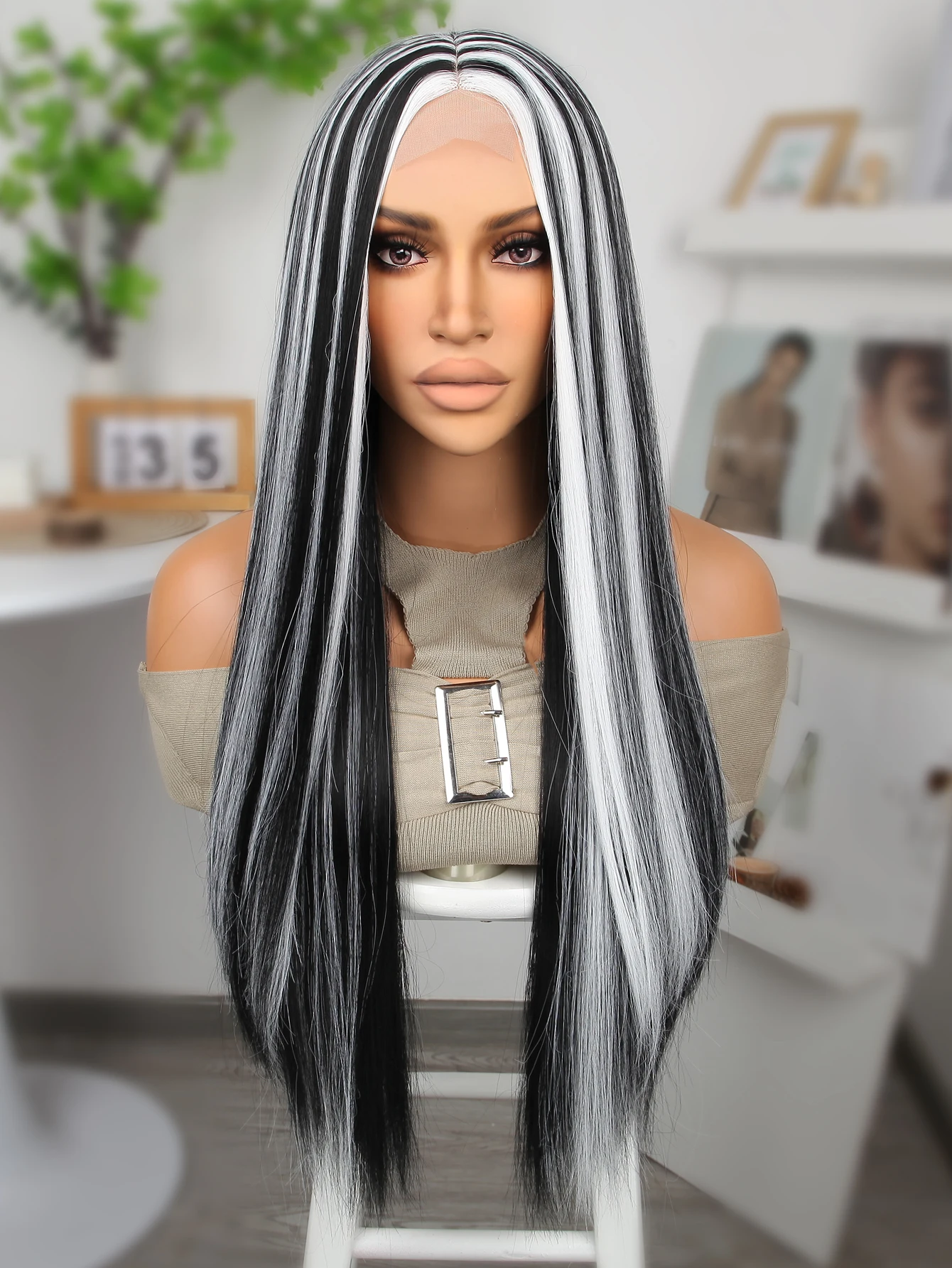 32-дюймовые длинные синтетические парики черно-белый парик из волос с мягким