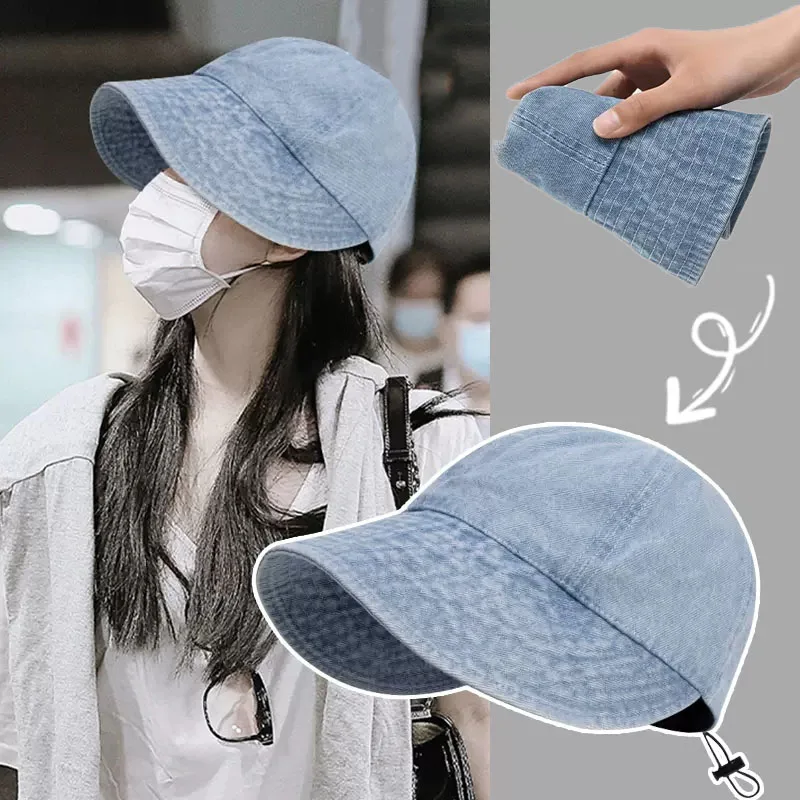 Summer Wide Brim Fisherman Hat Women Foldable Sunshade Visors Denim Fisherman Cap Female Adjustable Outdoor Bucket Panama Cap