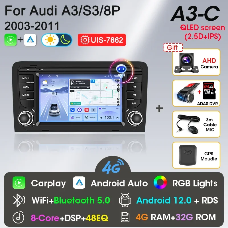 

Srnubi Android 12 Carplay Автомобильный радиоприемник для Audi A3 8P 2003-2011 S3 RS3 Sportback Мультимедийный плеер 2 Din RDS GPS 4G Авторадио DVD