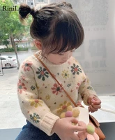 rinilucia 2022 winter girls floral knitted sweater baby kids thick warm long sleeve tops toddler childrens pullover for girls