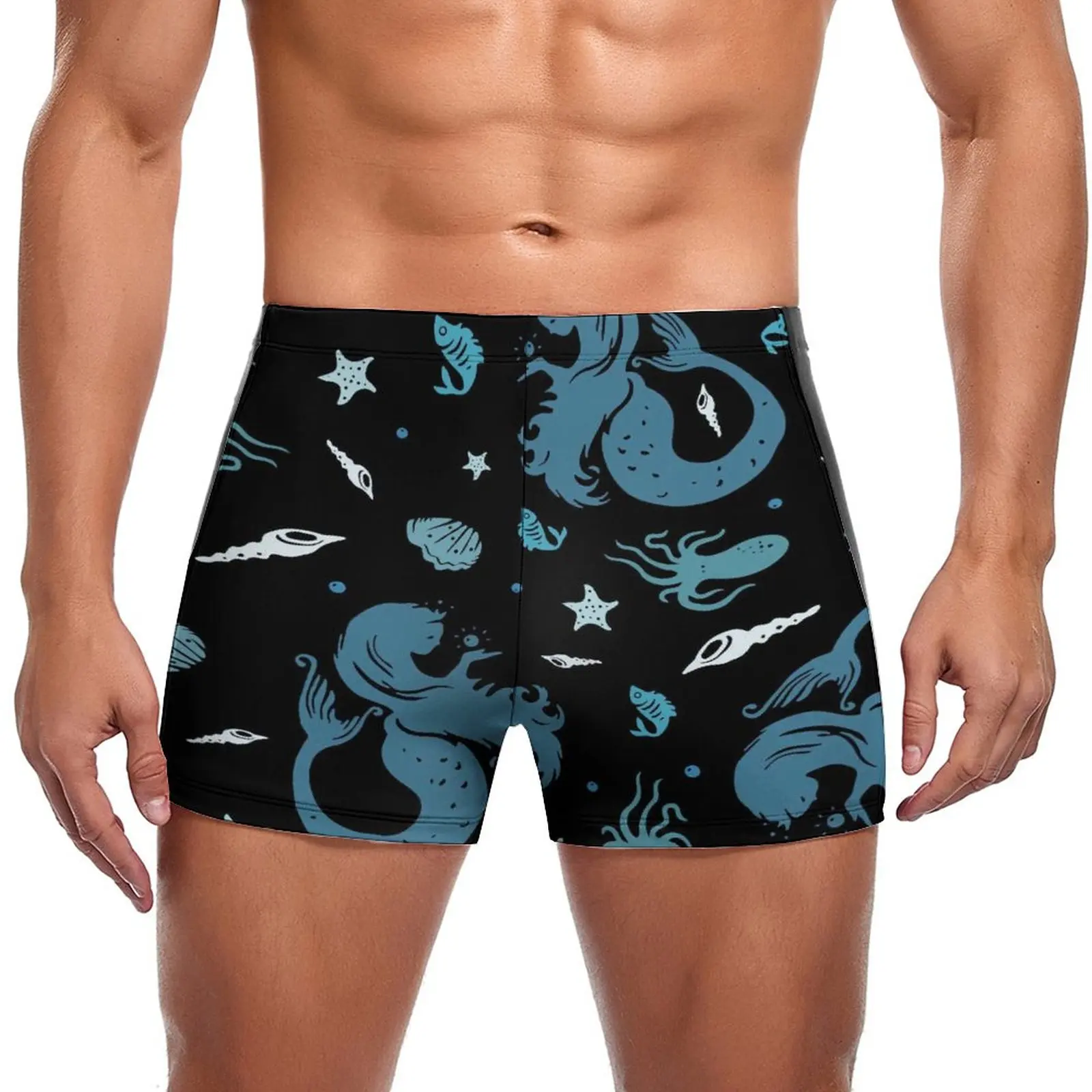 

Mermaid Silhouette Swimming Trunks Starfish Octopus Fish Marine Life Pool Print Swim Shorts Durable Plus Size Men Swimsuit