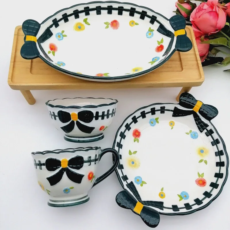 

Floating Hand-painted Bowl and Plate Set Ceramic Household Butterfly Two Ear Baking Plate Tableware Dinner Plate Water Cup