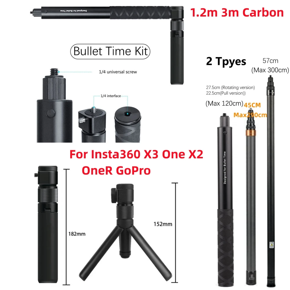 

For Insta360 One X3 / X2 One/GoPro Accessories 1.2m 3m Carbon Fiber Invisible Selfie Stick Bullet Time Rotating Handle Tripod