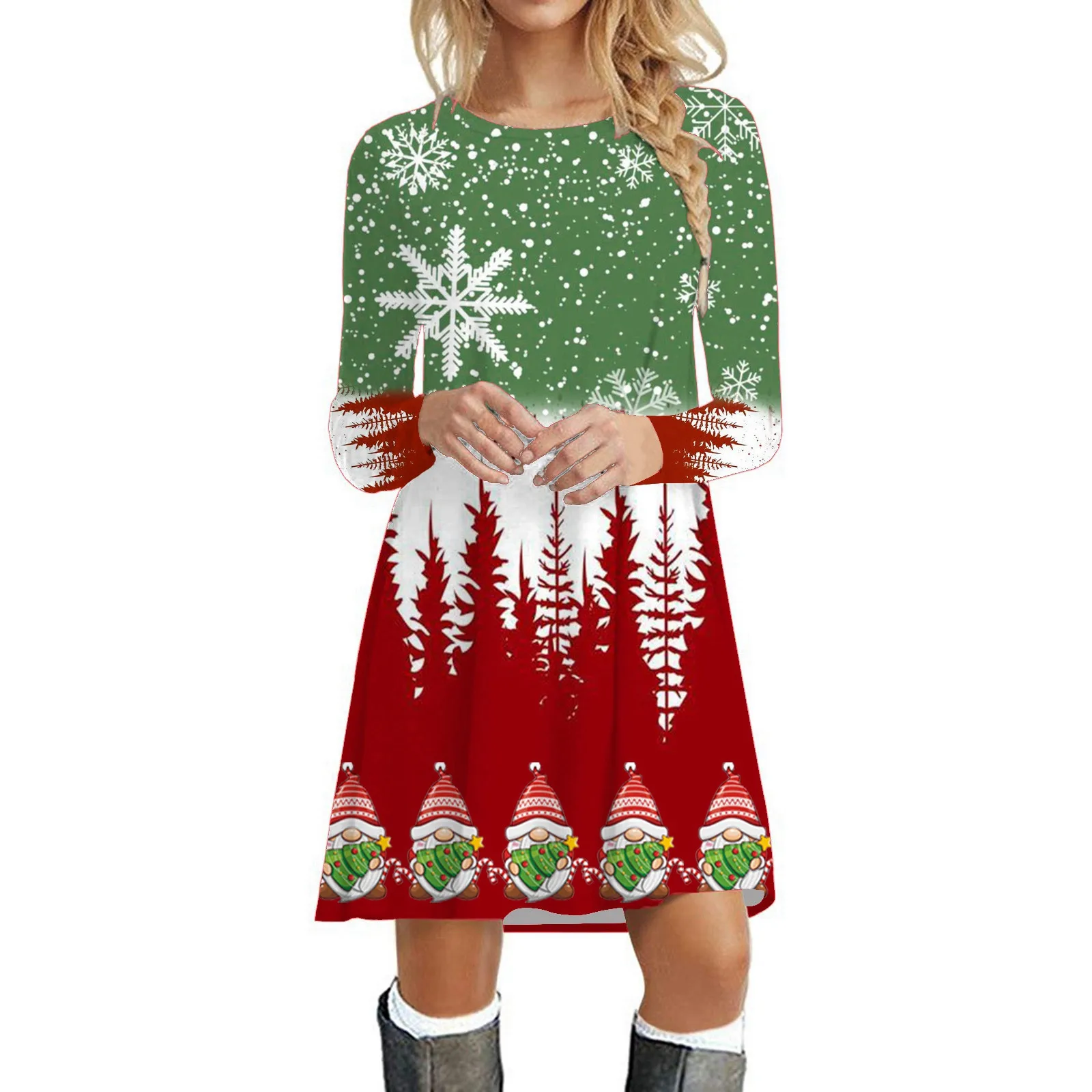 

Womens Autumn And Winter Christmas Patchwork Print Round Neck Long SleeveCasual Dress Summer Dresses Knee Length