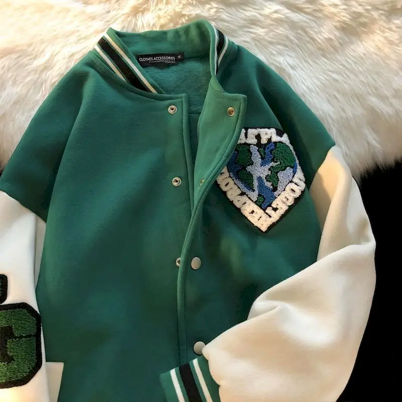 

Varsity Jacket Men Women High Street Baseball Jackets Oversized Stitching Earth Embroidery Green Hip Hop Streetwear Casual Punk