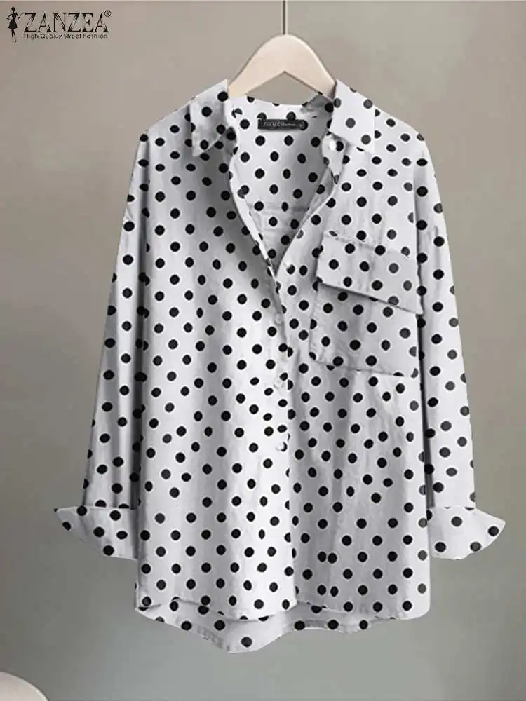 

Женские повседневные топы с длинным рукавом 2022, модная блузка в горошек ZANZEA, элегантные рубашки с лацканами, Осенние большие карманы, рубашк...