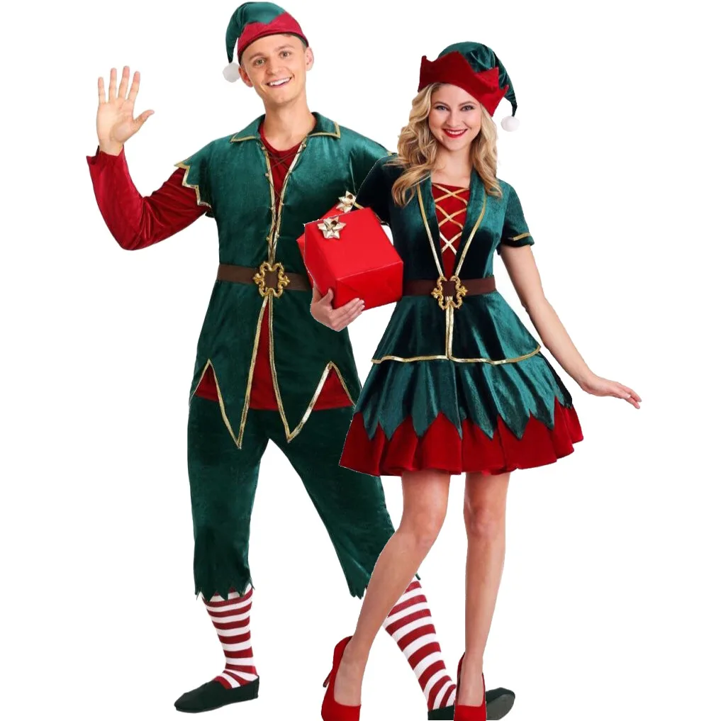 

Мужской и Женский Рождественский костюм для косплея Санта Клауса, униформа для пары милых парных Санта-Клаусов, зеленая, зимнее сексуальное платье для женщин