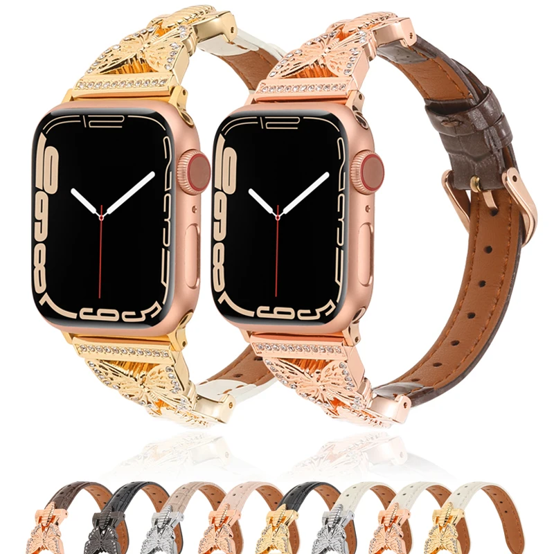 

Кожаный ремешок для Apple Watch Band 45 мм 41 мм, браслет-бабочка из нержавеющей стали для iWatch 7 6 5 4 3 SE 44 мм 42 мм 40 мм 38 мм