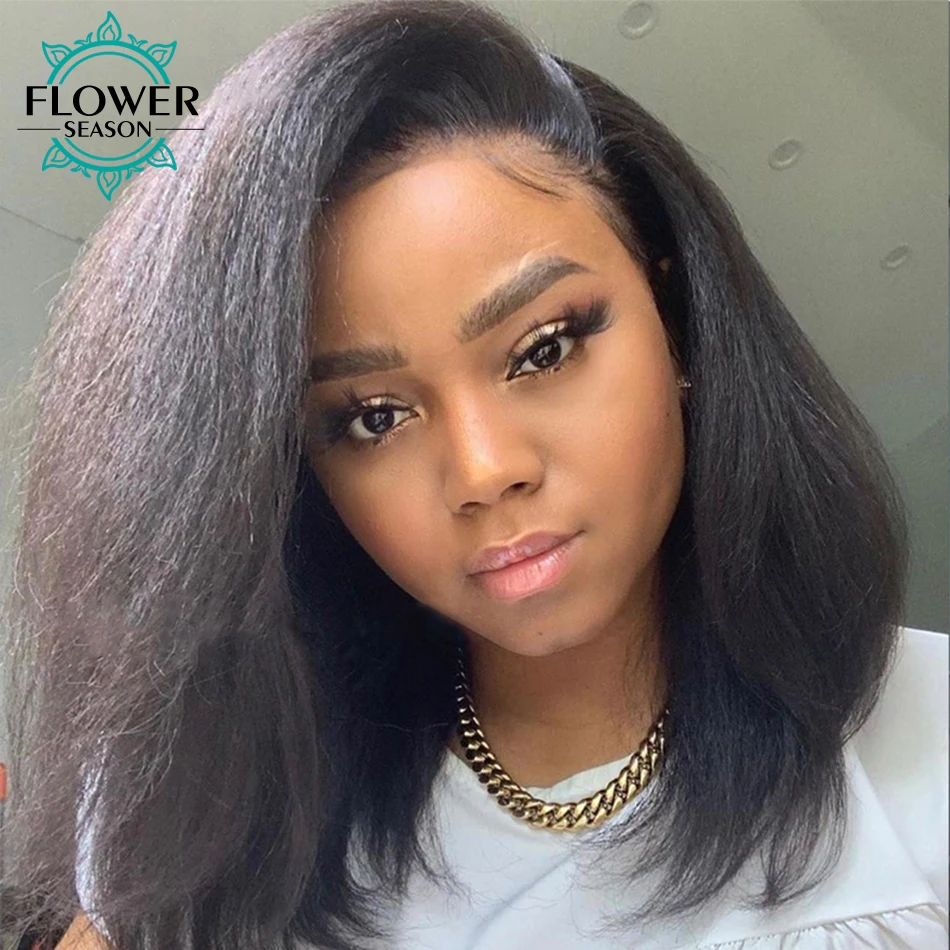 

Kinky Straight Bob Wig Indian Human Hair 13x6 Lace Front Wigs 150% Coarse Yaki Short Bob Human Hair Wig Preplucked for Women