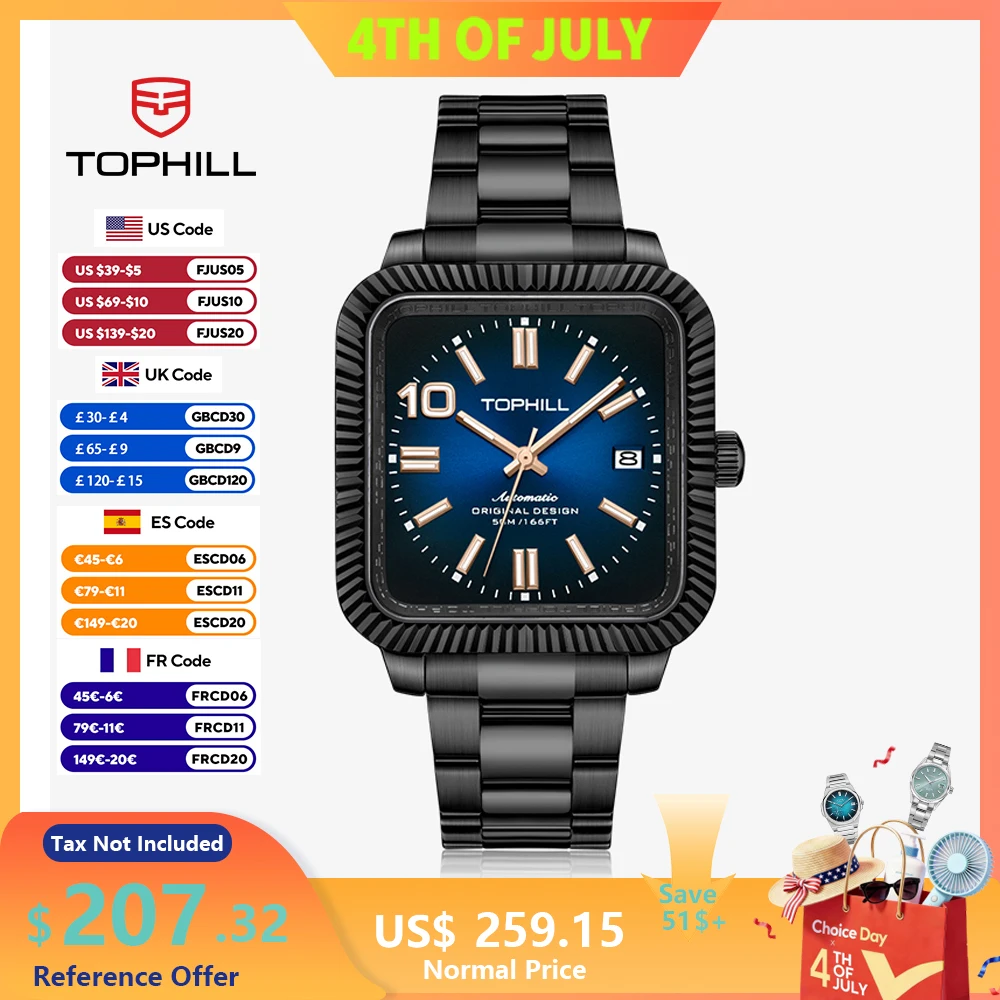 Фото Мужские часы TOPHILL 37,5 мм, квадратные, ультратонкие, Miyota 9019, автоматический механизм, механический календарь, сапфировое стекло, водонепроницаемость 100 м №1