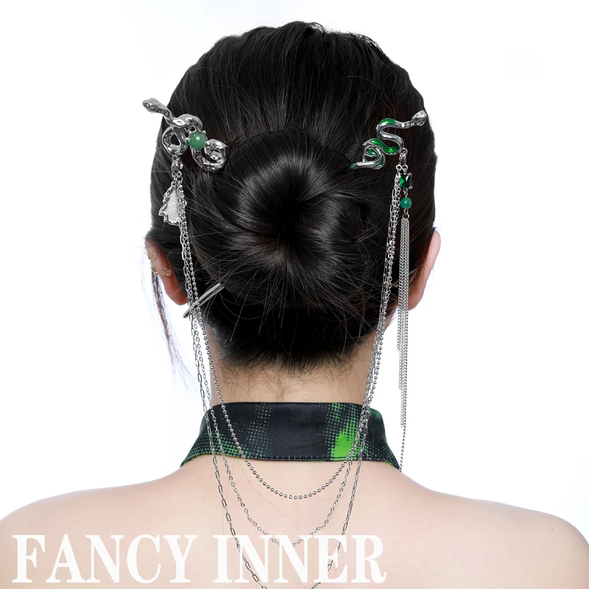 Horquilla de serpiente Y2K para mujer, horquilla China Vintage con diamantes de imitación, borla para el cabello, esmalte verde, accesorios irregulares de Metal para el cabello, 2022