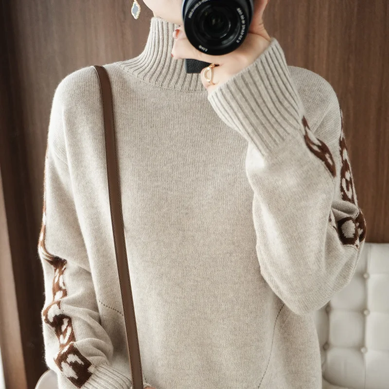 

Turtleneck Cashmere Sweater Wool Fabric Loose Large Size Knitted Top Beige Color Lady Jumpers Clothes Pullovers