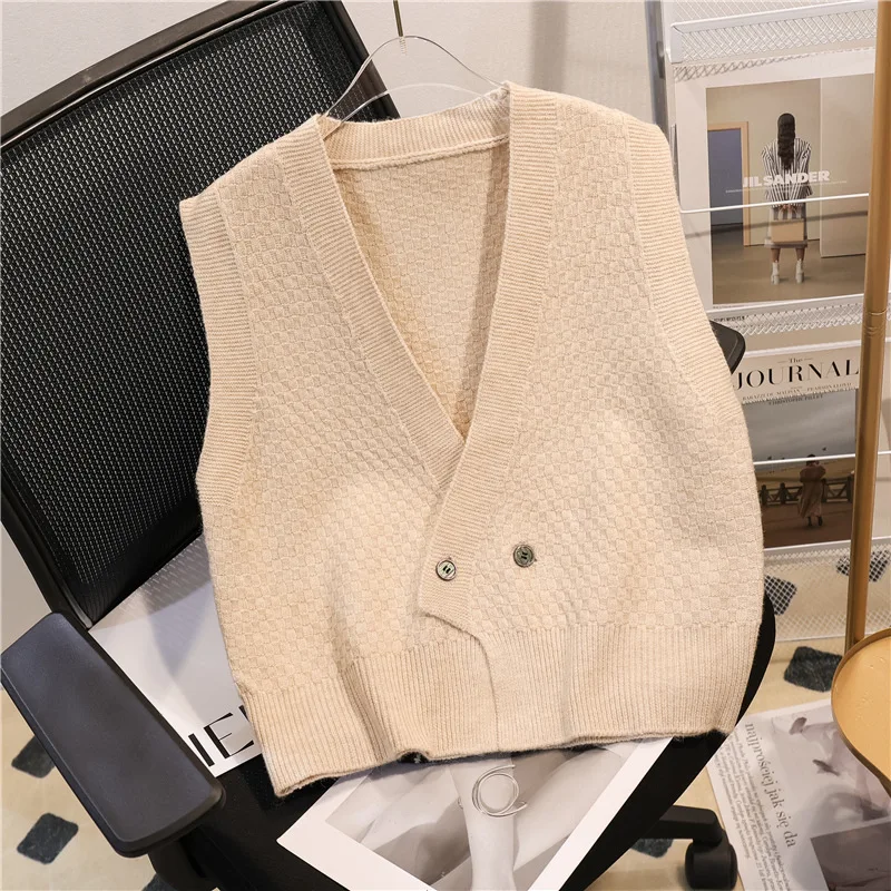 V-neck Knitted Vest Female 2023 Spring New Pure Color Simple Sleeveless Sweater Vest Bandage Dress