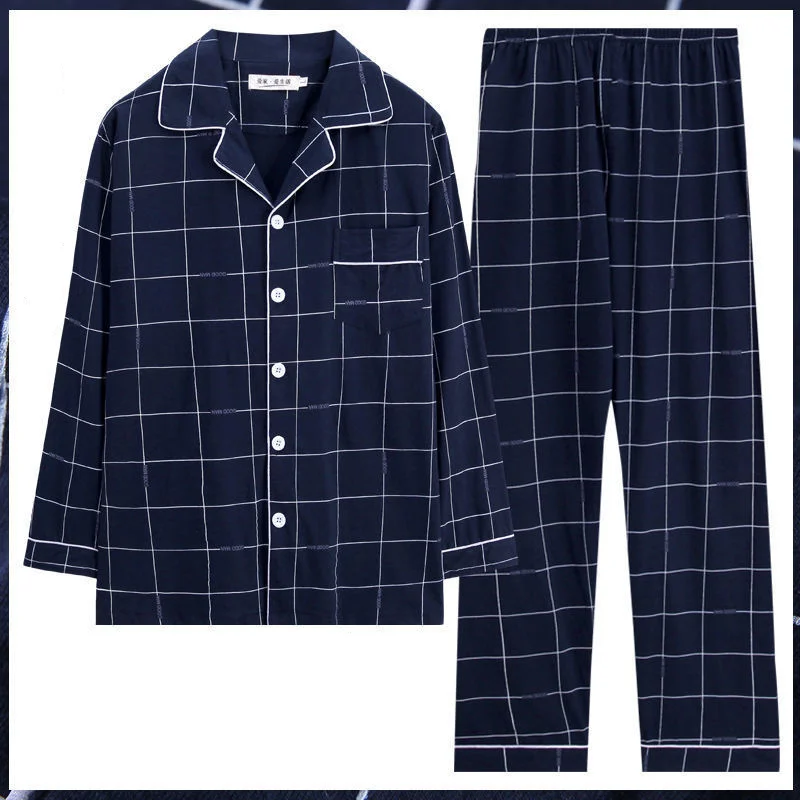 Extra-large Plus Size Men's Autumn and Winter Plaid Design Long-sleeved Trousers Suits Cotton Home Clothes Men Pajamas Set