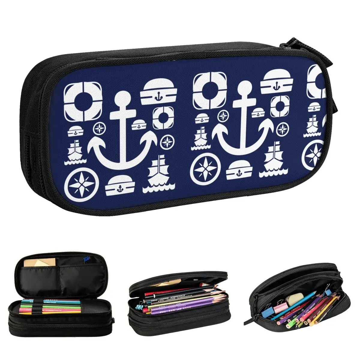 

Navy Sailor Element Pencil Case Cute Compass Anchor Blue Pen Box Bag Girl Boy Large Storage School Supplies Cosmetic Pencilcases
