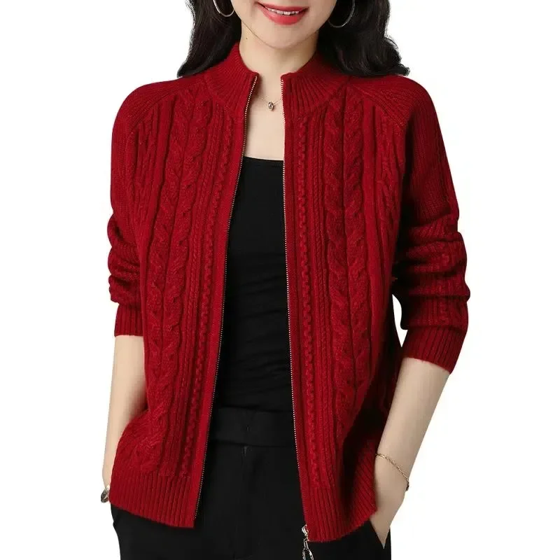 

Half High Collar Zipper Knitted Cardigan Jacket Women Autumn New Style Solid Color Raglan Sleeve Cardigans Thicken Sweater Coat