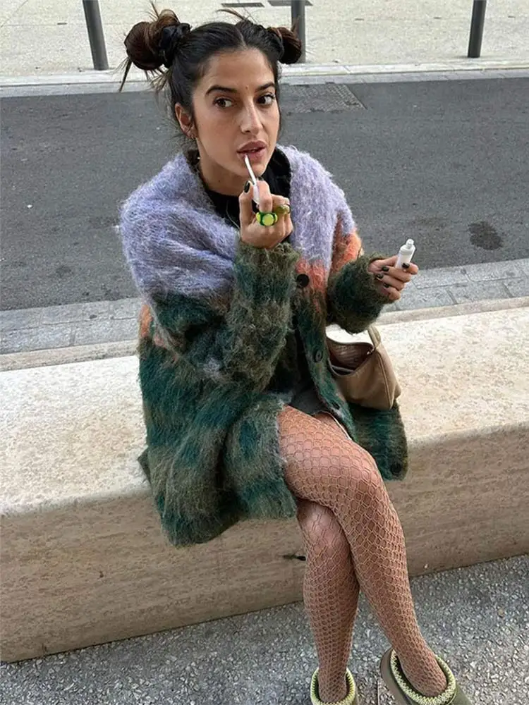 Женский мохеровый Свитер оверсайз повседневный однобортный трикотажный