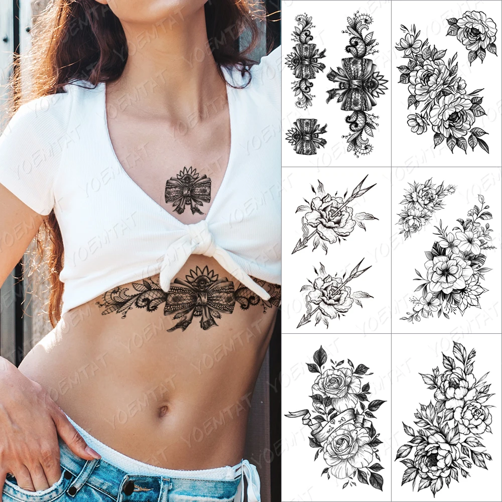 

Lace Black Bow Temporary Tattoo Sticker For Men Women Adult Rose Flower Peony Waterproof Fake Henna Old School Body Art Tatoo De