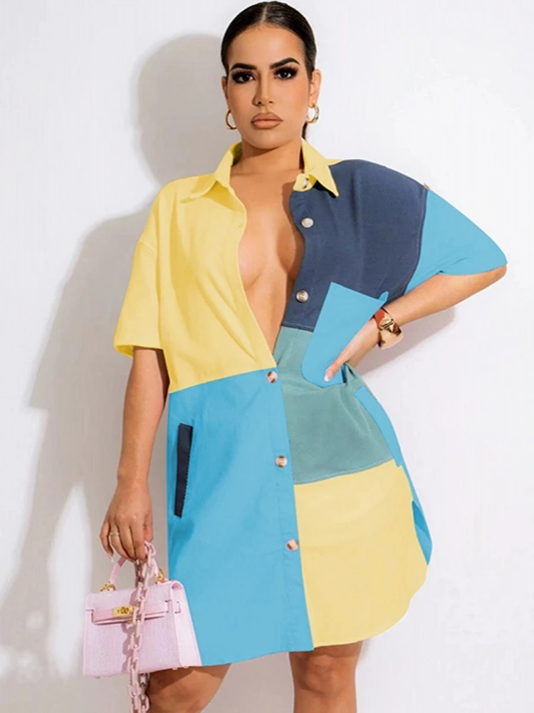 

Elegant Short Sleeve Patchwork Paisley Loose A-Line Dresses For Women 2022 Summer Streetwear Fashion Shirt Style Mini Dress