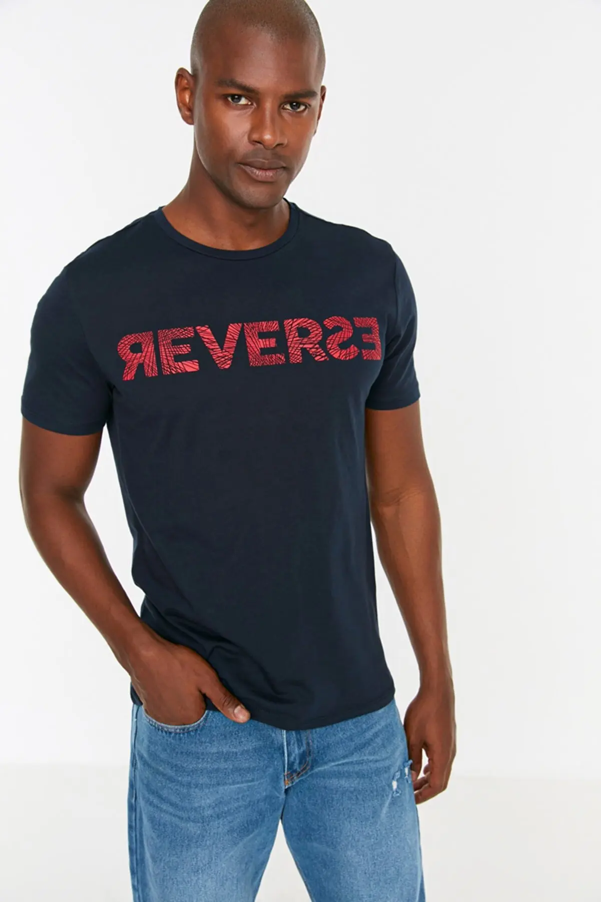 

Navy Male Basic Slim Fit Minimal Slogan Printed Short Sleeve t-shirt 0084 T-Shirts For Men Tee For Men