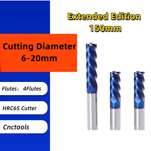 

1Pcs 4 Flutes 6-20mm Radius HRC65 Nano-Blue Coating Extended Edition 150mm Tungsten Steel Micro Grain Carbide Milling Cutter