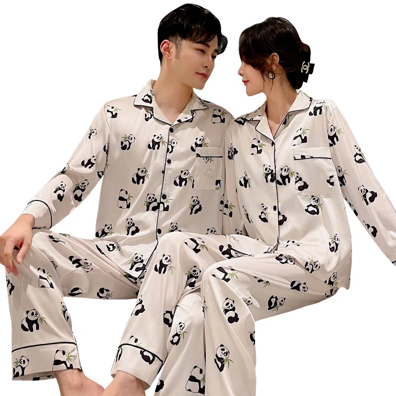2022 Spring and Autumn New Couple Men and Women Pajamas Ice Silk Korean Version Cardigan Lapel Ice Silk Home Service Suit
