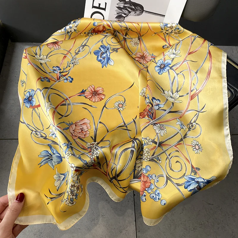 

New 70*70cm Luxury Silk Satin Buskin Women Fashion Hood Floral Print Square Headband Neck Lady Wrap Scarf Turban