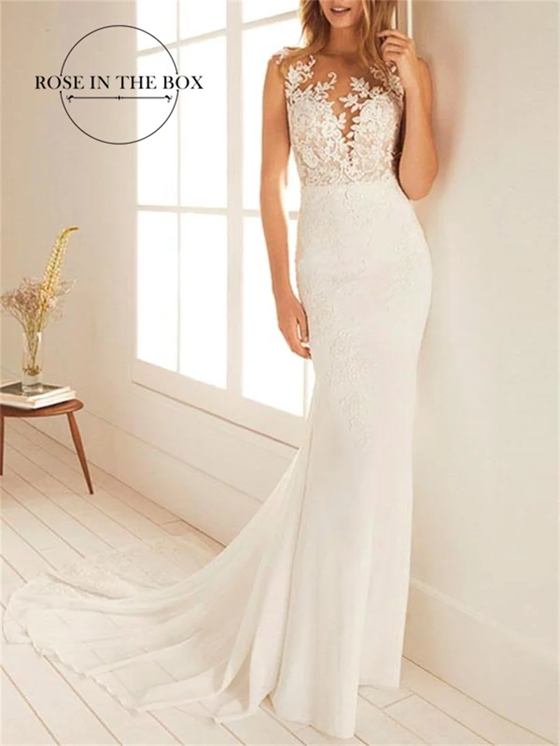 

Elegant Illusion Neck Wedding Dresses 2022 Mermaid Bride Dresses For Wemen Lace Applique Chiffon Bridal Gowns Robe de Mariee