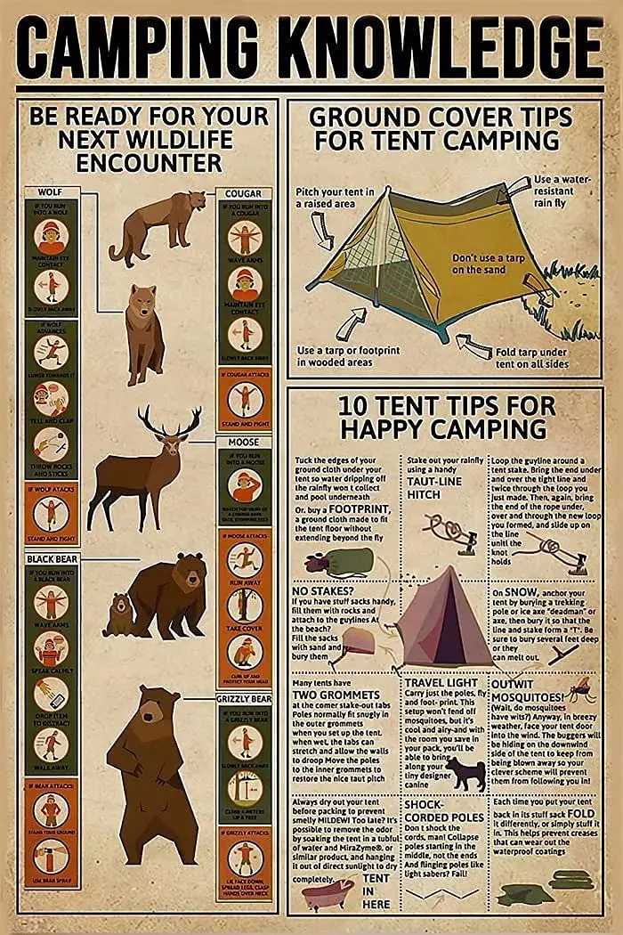 

Camping Knowledge Retro Metal Tin Sign Ground Cover Tips For Tent Camping Printing Poster Club Cafe Bar Living Room Garage Home
