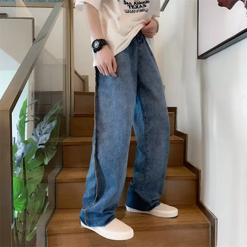 Mens Side Striped Fashion Jeans Blue Drawstring All-match Trousers Korean Style Streetwear Loose Wide-leg Pants