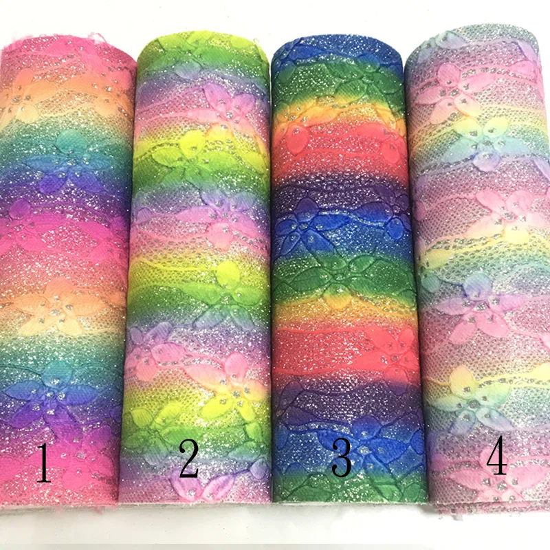 

XHT-402 Rainbow Rose Design Lace Mesh Glitter Synthetic Leather Sheet Knitted Backing for Making Shoes/Bags/DIY Accessories