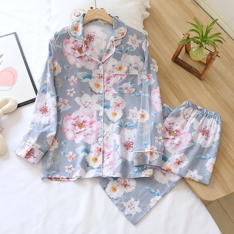Homewear Pajamas Suit Women Viscose Bedgown Large Size Floral Summer Lapel Thin Smooth Soft Long-sleeved Trousers Home Service