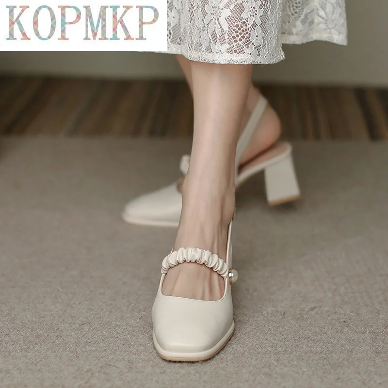 

2022 New Spring Slingbacks High Heels Pumps Pearl Women's New Leather Square Toe Mary Jane Shoes Shallow Mouth Thick Heel Shoes