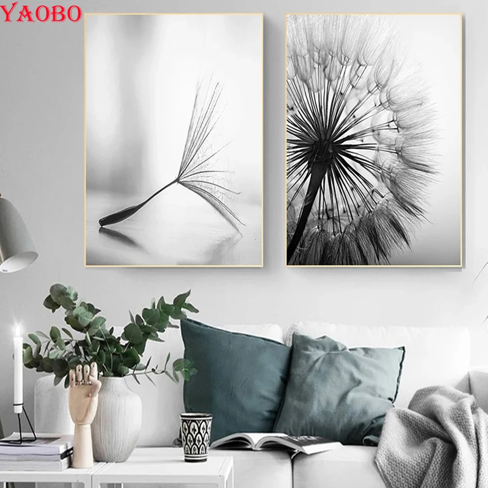

DIY 5D Diamond Painting Dandelion Black And White Art Full Diamond Embroidery Mosaic Flower Pictures Decoration Handmade Gifts