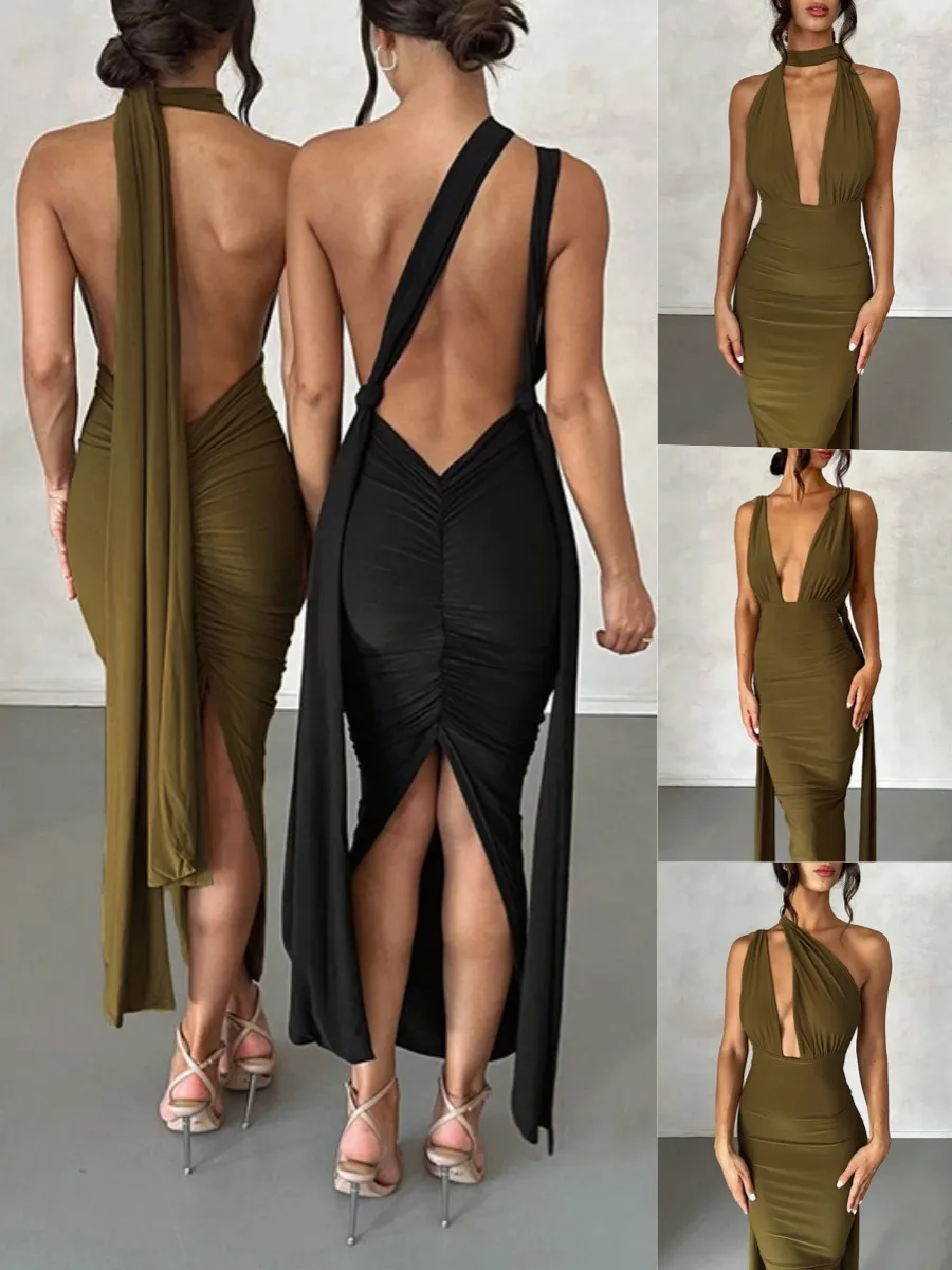

Fashionable and Elegant Temperament Women's Suspended Long Dress 2023 Summer New V-neck Strap Open Back Sexy Wrap Hip Long Skirt