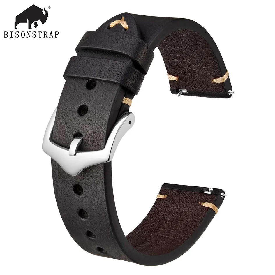 

BISONSTRAP Luxury Crazy Horse Leather Genuine Cowhide Watch Band 18mm 20mm 22mm Bracelet for Men Watchband Black Green Brown Tan