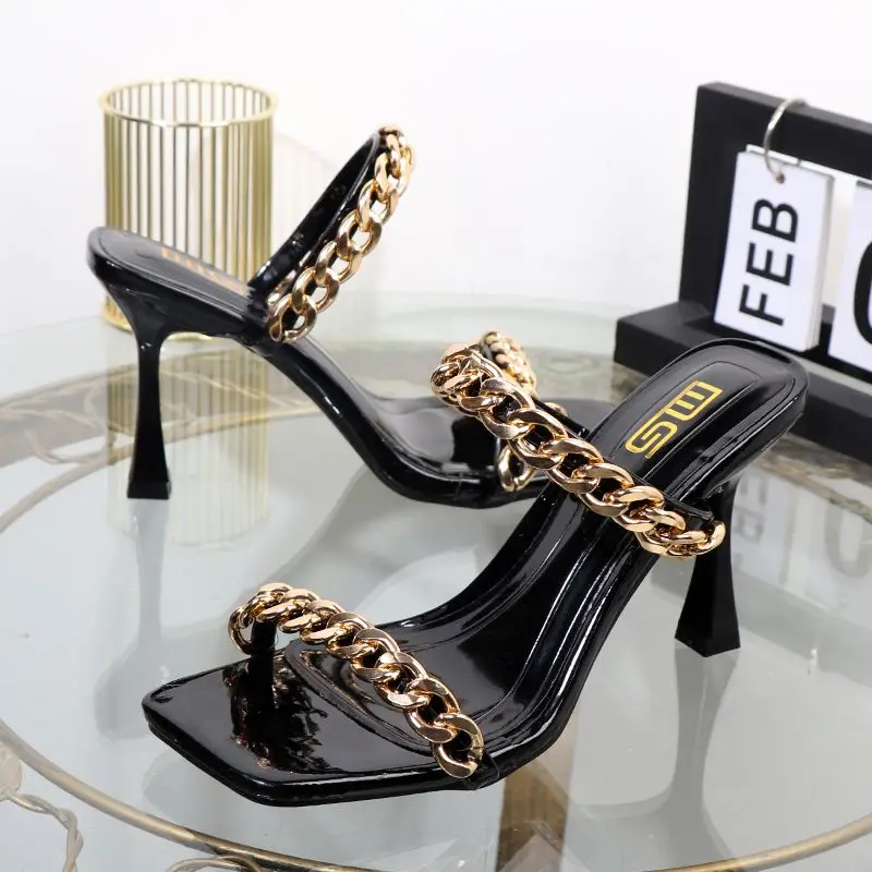 

Fashion Square Head Women's Shoes High Heels Metal Chain Sandals Feminine Temperament Everything Match High Heels