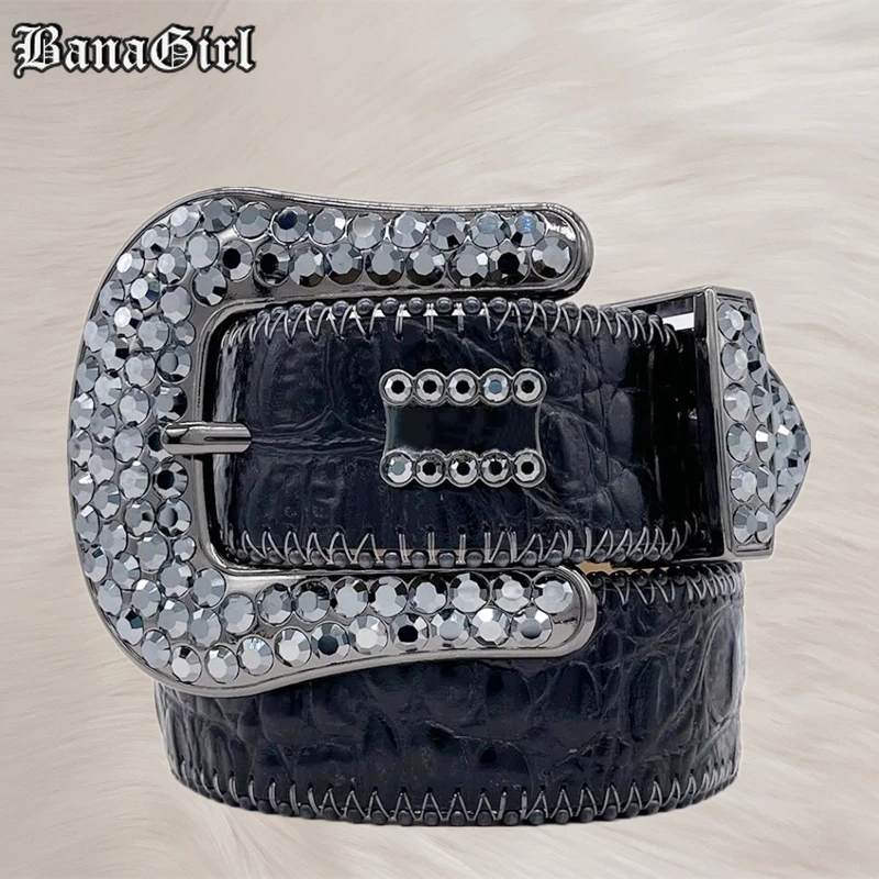 Cinturones de diamantes de imitación para mujer y hombre, correa de cuero con diamantes de imitación, estilo occidental, vaquero Y2K E