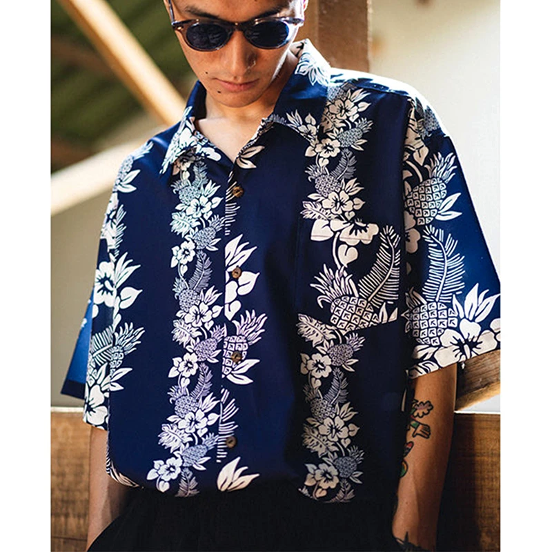 

2022 Летние шифоновые Гавайские крутые мужские рубашки, уличная одежда, винтажная темно-синяя рубашка с цветочным принтом на пуговицах, Свободные повседневные женские топы, большие размеры 2XL
