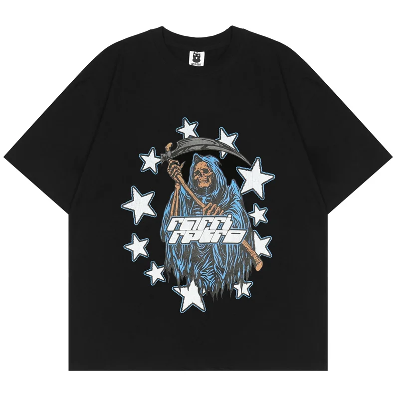 

Hip Hop Oversized T Shirt Letter Star Grim Reaper Print Short Sleeve Tops Harajuku Gothic Streetwear Fashion Cotton T Shirts