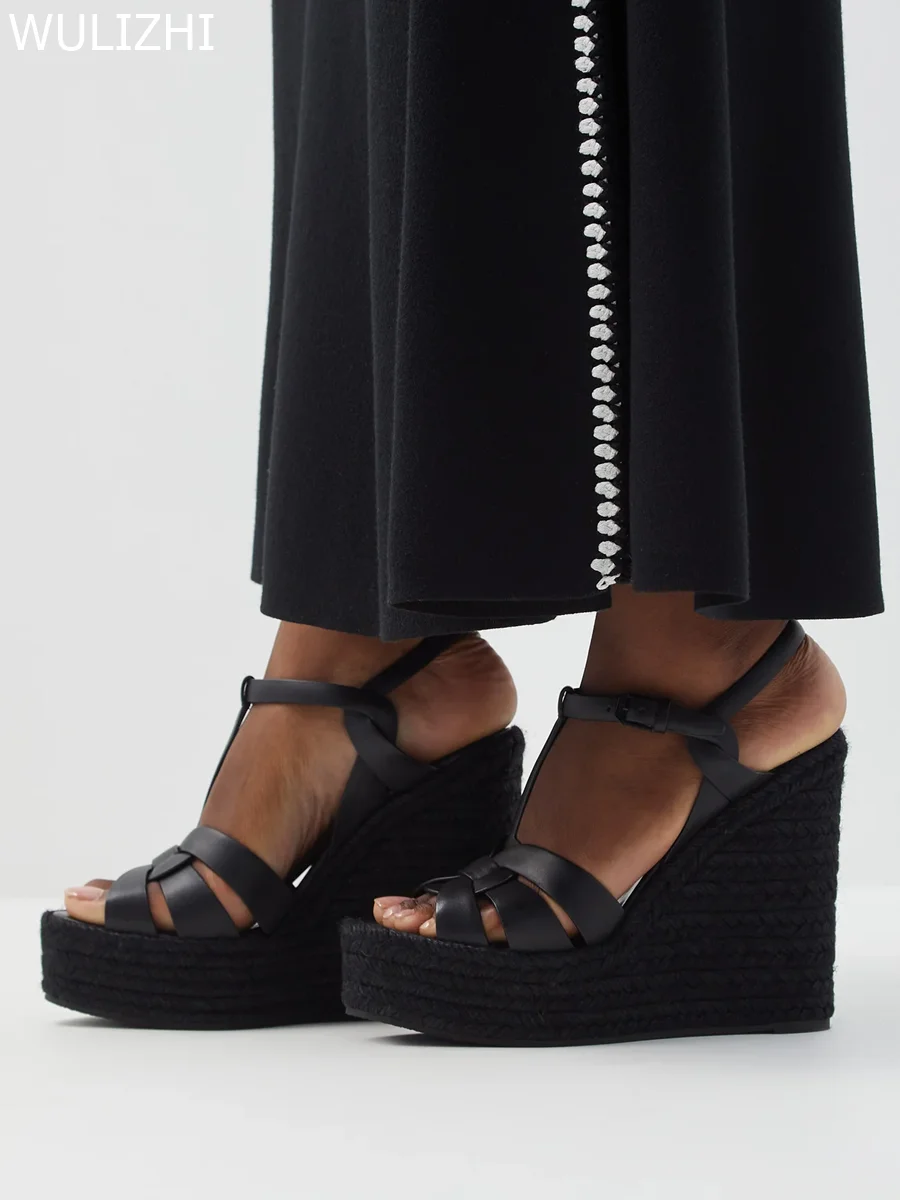 Women Platform Cross Weave Wedge Espadarille Sandal Black Leather Round Toe Slingback Concise Heels Fretwork Gladiator Lady Shoe