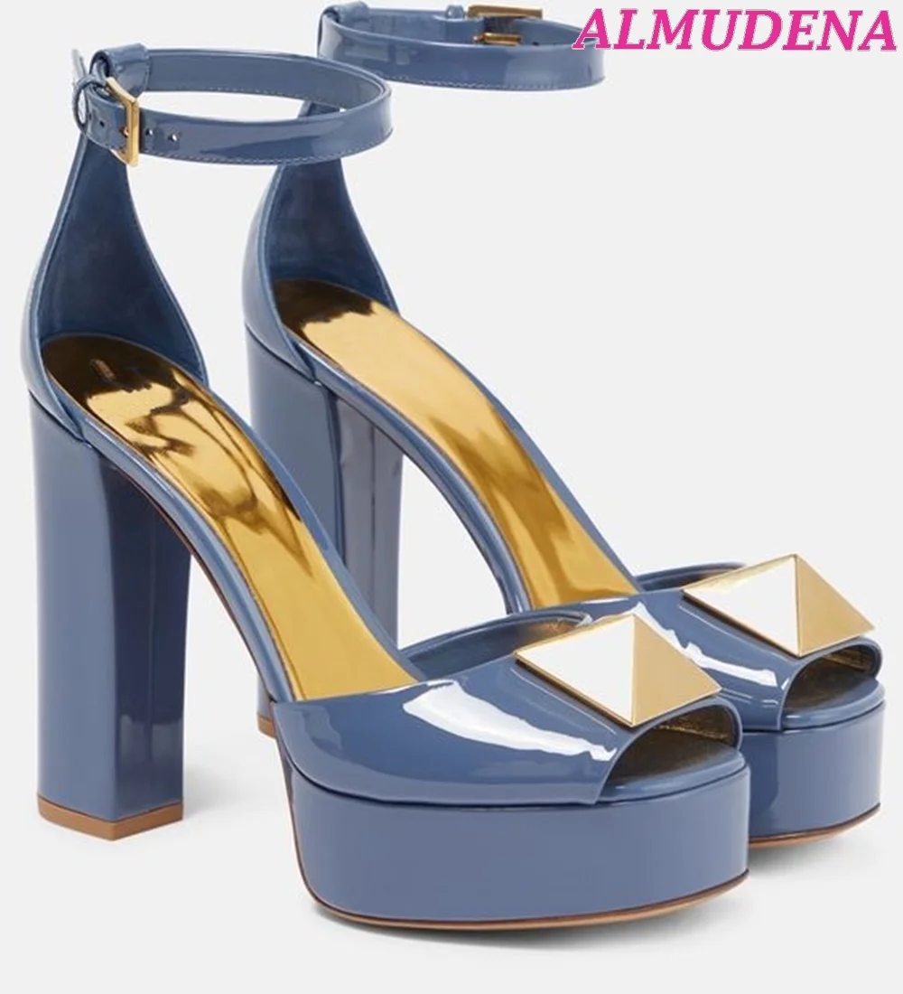Crystal One Stud Open Toe Platform Pumps Women Patent Leather Chunky Heel Ankle Strap Sandals Satin High Heels Designer Shoes