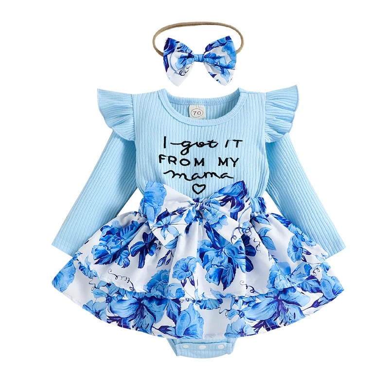 

2Pcs Infant Baby Girls Romper Dress 0-24M Newborn Letter Embroidery Knitted Ribbed Floral Print Ruffles Tutu Bodysuits +Headband