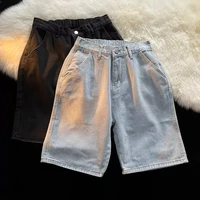 2022 summer new mens black denim shorts korean fashion elastic waist design light blue casual short jeans male