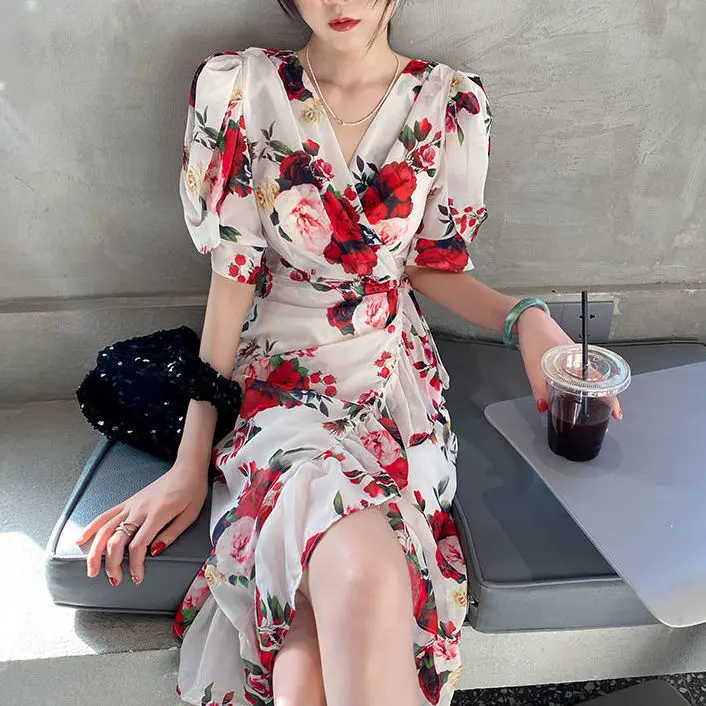 

New Summer Boho Floral Print Chiffon Dress Women Vintage Puff Sleeve V-neck Slit Dresses 2023 Beach Holiday A-line Dress J97