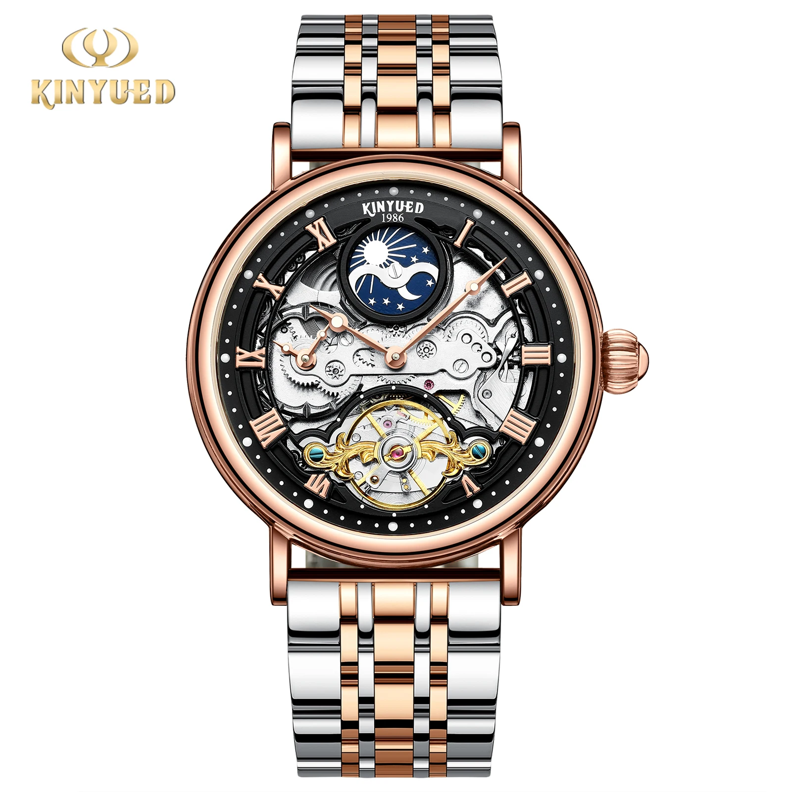 

KINYUED Men New Luminous Watches Automatic Mechanical Fashion Watch Tourbillon Moon Phase Casual Waterproof Skeleton Wristwatch
