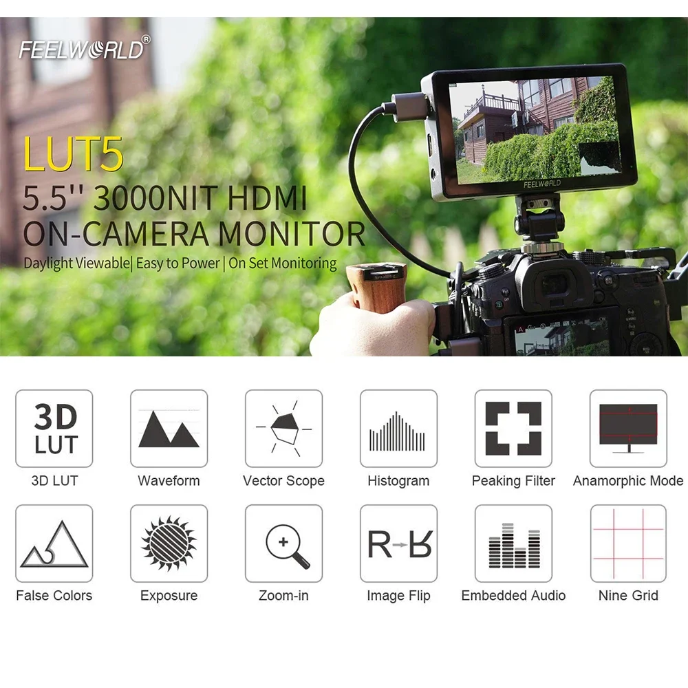 FEELWORLD LUT5 5 5-дюймовый сверхвысокий яркий 3000 нит 4K HDMI входной экран DSLR камера