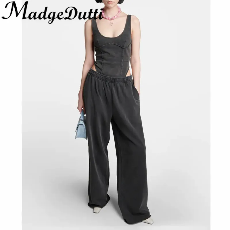 

4.10 MadgeDutti Fashion Washed Cotton Spaghetti Strap Bodysuit Tank Top Or Elastic Waist Loose Wide Leg Pants Set Women