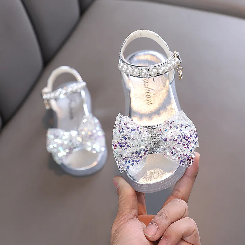 

New Girls Bling Sandals Children's Sequins Bow Pearl Party Sandals Fashion Baby Kids Soft Bottom Beach Sandals G976