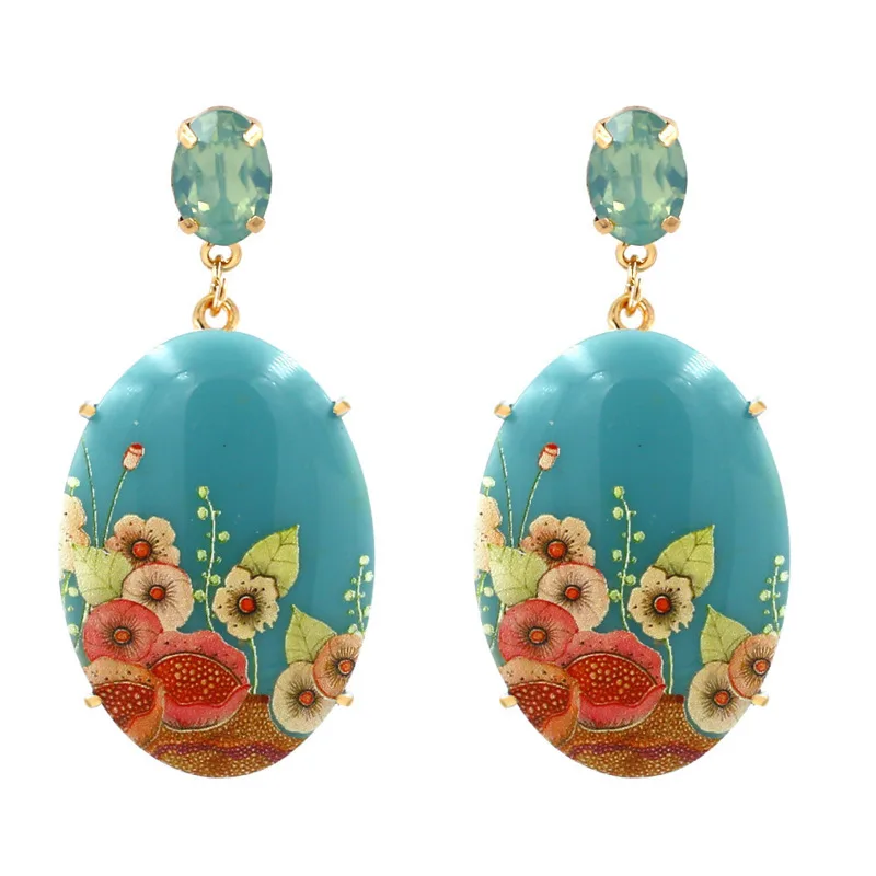 

New Retro Resin Printing Earrings Antique Gold Color Alloy Ethnic Vintage Rhinestone Dangle Earrings For Women